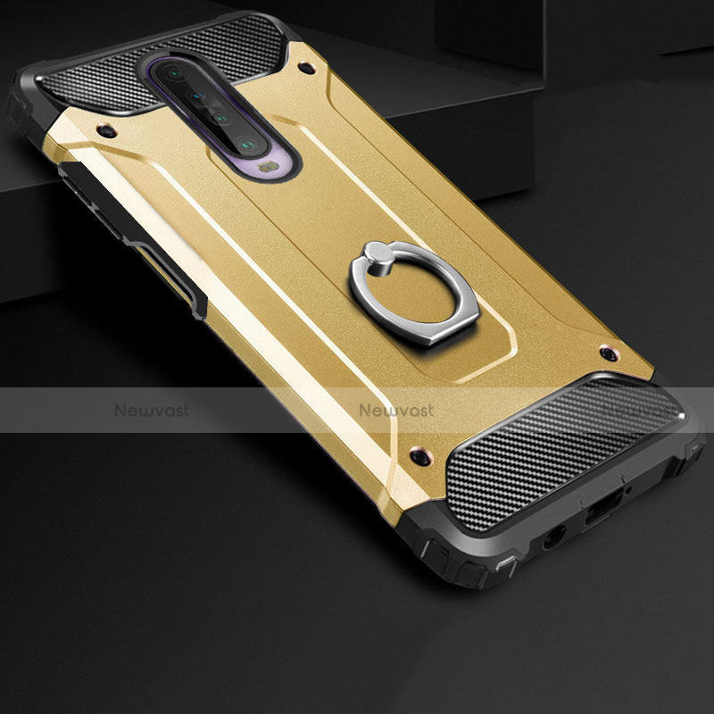 Silicone Matte Finish and Plastic Back Cover Case with Finger Ring Stand for Xiaomi Poco X2 Gold