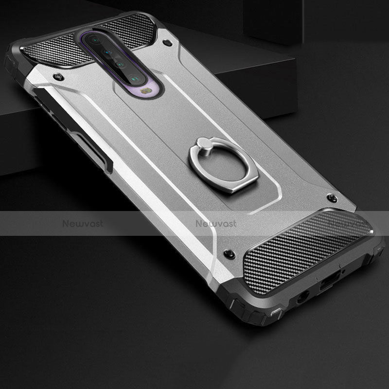 Silicone Matte Finish and Plastic Back Cover Case with Finger Ring Stand for Xiaomi Poco X2 Silver