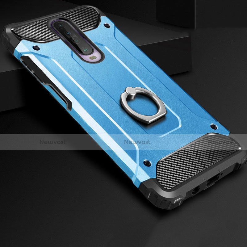 Silicone Matte Finish and Plastic Back Cover Case with Finger Ring Stand for Xiaomi Redmi K30 5G Sky Blue