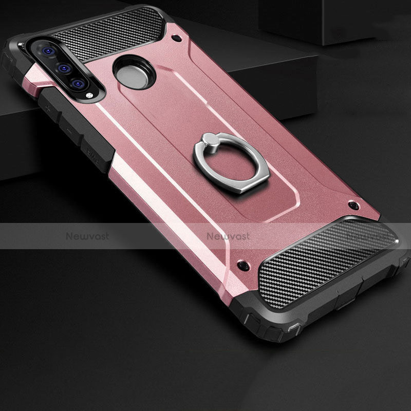 Silicone Matte Finish and Plastic Back Cover Case with Finger Ring Stand H01 for Huawei Nova 4e Rose Gold