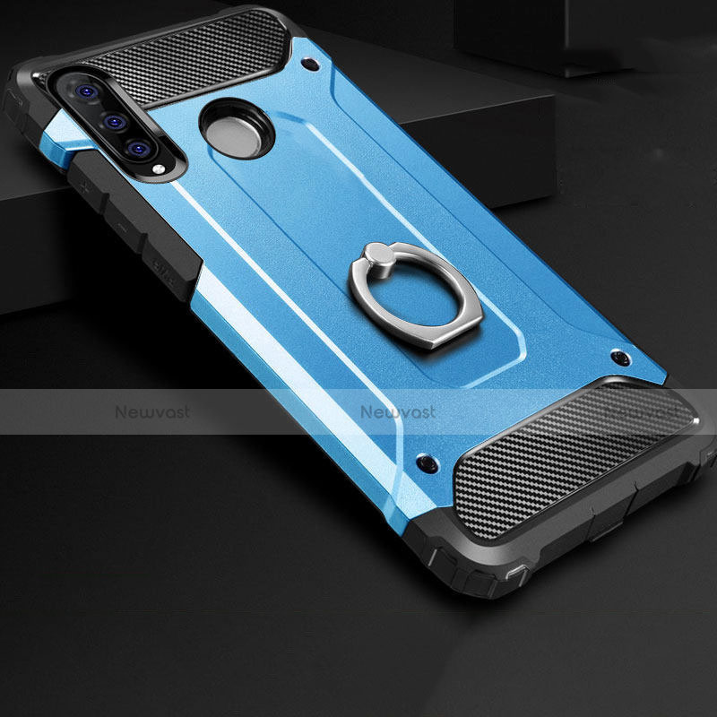 Silicone Matte Finish and Plastic Back Cover Case with Finger Ring Stand H01 for Huawei P30 Lite Blue