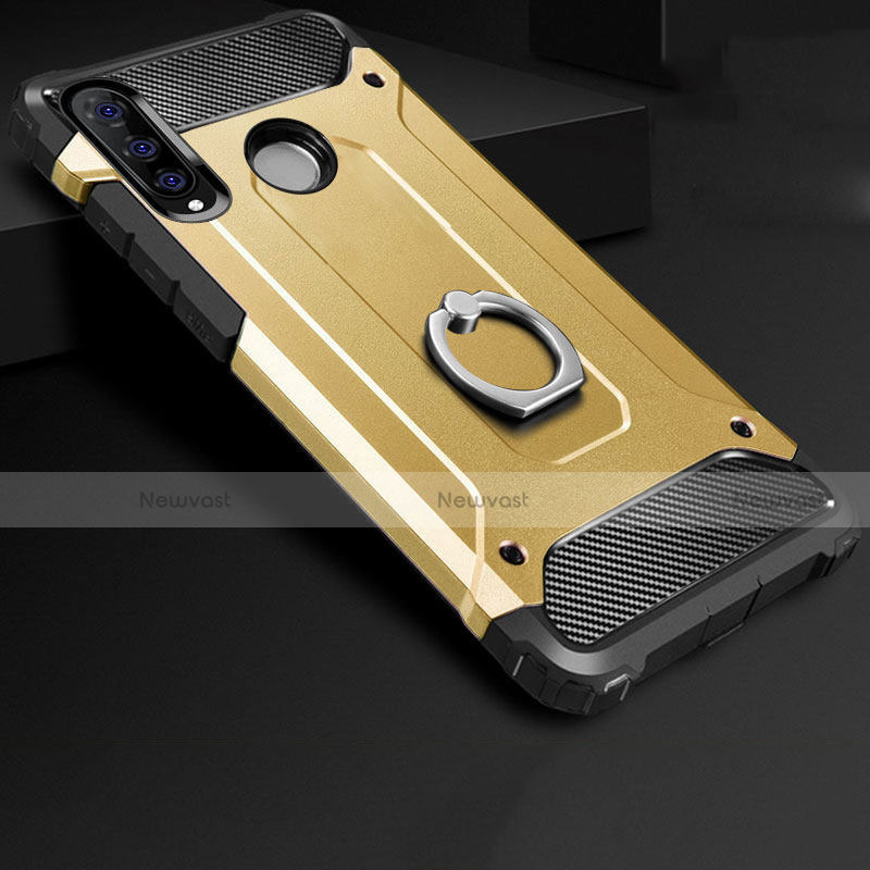 Silicone Matte Finish and Plastic Back Cover Case with Finger Ring Stand H01 for Huawei P30 Lite XL Gold