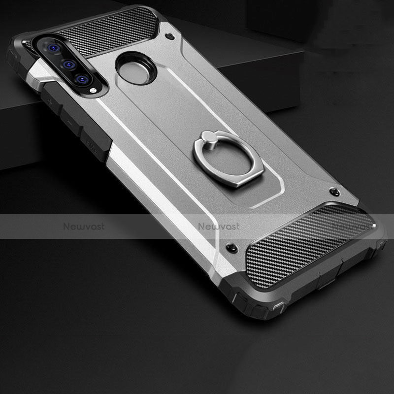 Silicone Matte Finish and Plastic Back Cover Case with Finger Ring Stand H01 for Huawei P30 Lite XL Silver