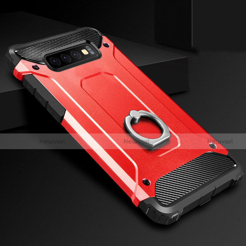 Silicone Matte Finish and Plastic Back Cover Case with Finger Ring Stand H01 for Samsung Galaxy S10 5G Red