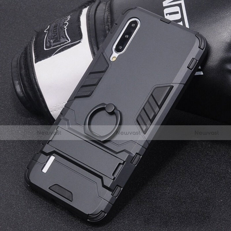 Silicone Matte Finish and Plastic Back Cover Case with Finger Ring Stand H01 for Xiaomi Mi A3 Black