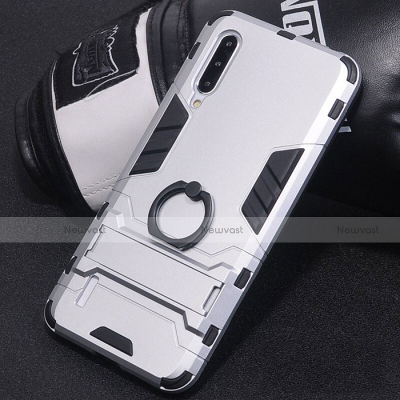 Silicone Matte Finish and Plastic Back Cover Case with Finger Ring Stand H01 for Xiaomi Mi A3 Silver