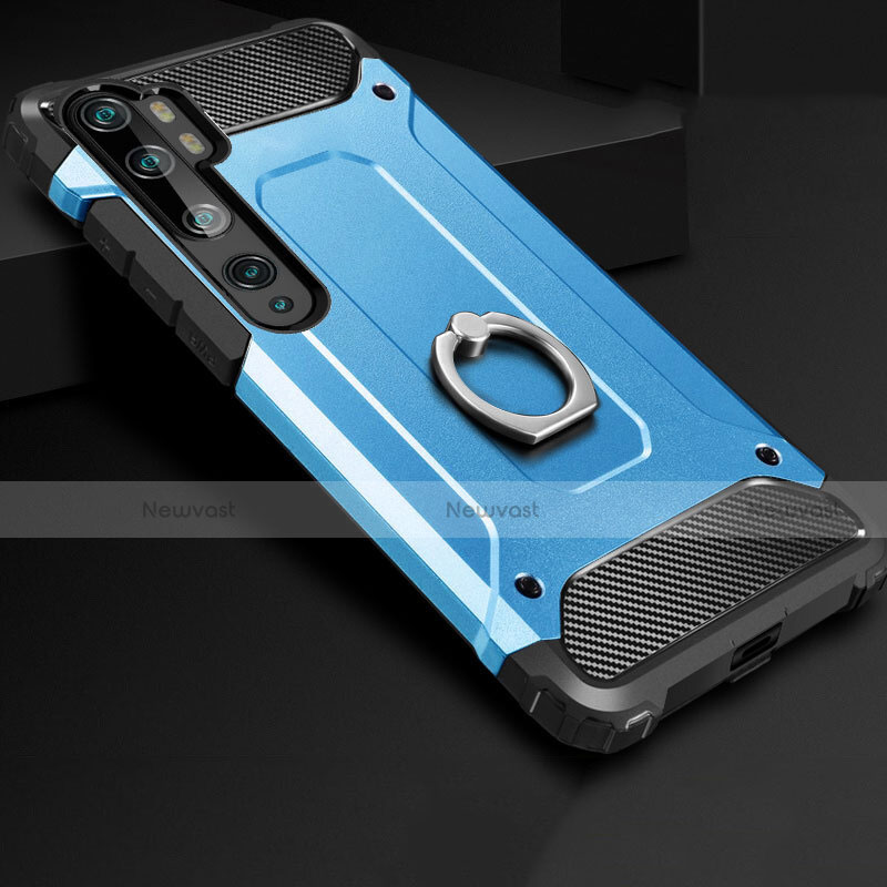 Silicone Matte Finish and Plastic Back Cover Case with Finger Ring Stand H01 for Xiaomi Mi Note 10 Blue