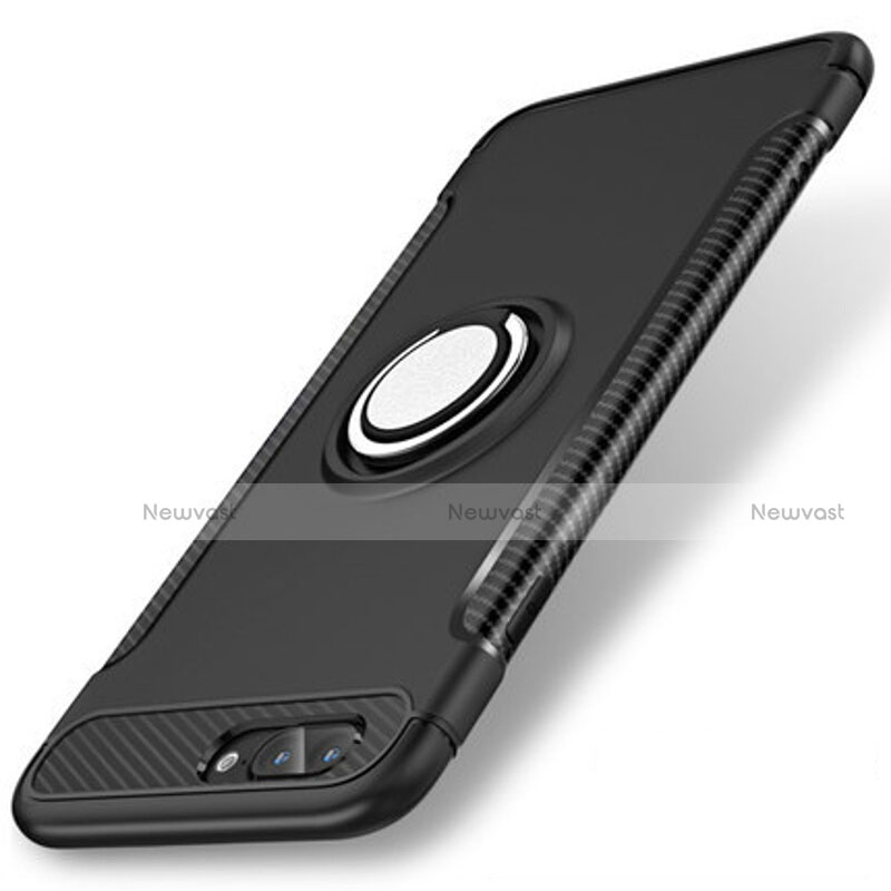 Silicone Matte Finish and Plastic Back Cover Case with Finger Ring Stand S01 for Apple iPhone 7 Plus Black