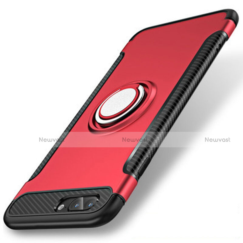 Silicone Matte Finish and Plastic Back Cover Case with Finger Ring Stand S01 for Apple iPhone 7 Plus Red