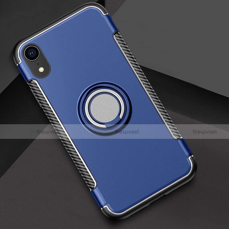 Silicone Matte Finish and Plastic Back Cover Case with Finger Ring Stand S01 for Apple iPhone XR Blue