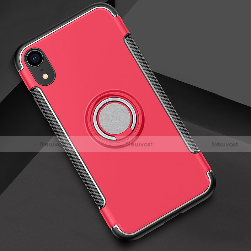 Silicone Matte Finish and Plastic Back Cover Case with Finger Ring Stand S01 for Apple iPhone XR Red