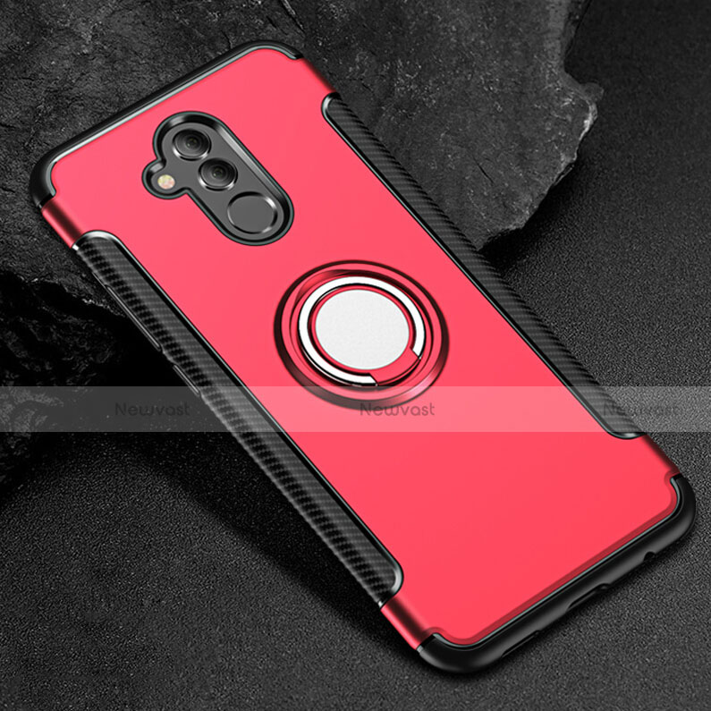 Silicone Matte Finish and Plastic Back Cover Case with Finger Ring Stand S01 for Huawei Mate 20 Lite Red