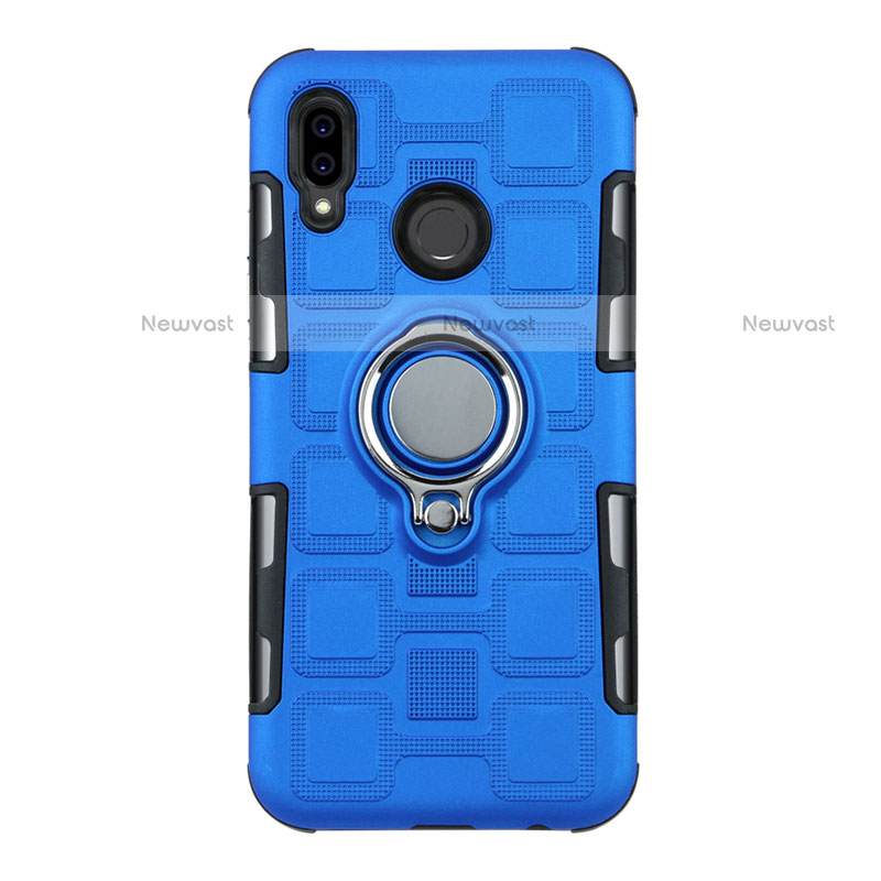 Silicone Matte Finish and Plastic Back Cover Case with Finger Ring Stand S01 for Huawei P20 Lite Blue