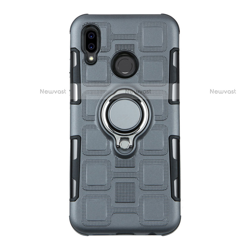 Silicone Matte Finish and Plastic Back Cover Case with Finger Ring Stand S01 for Huawei P20 Lite Gray