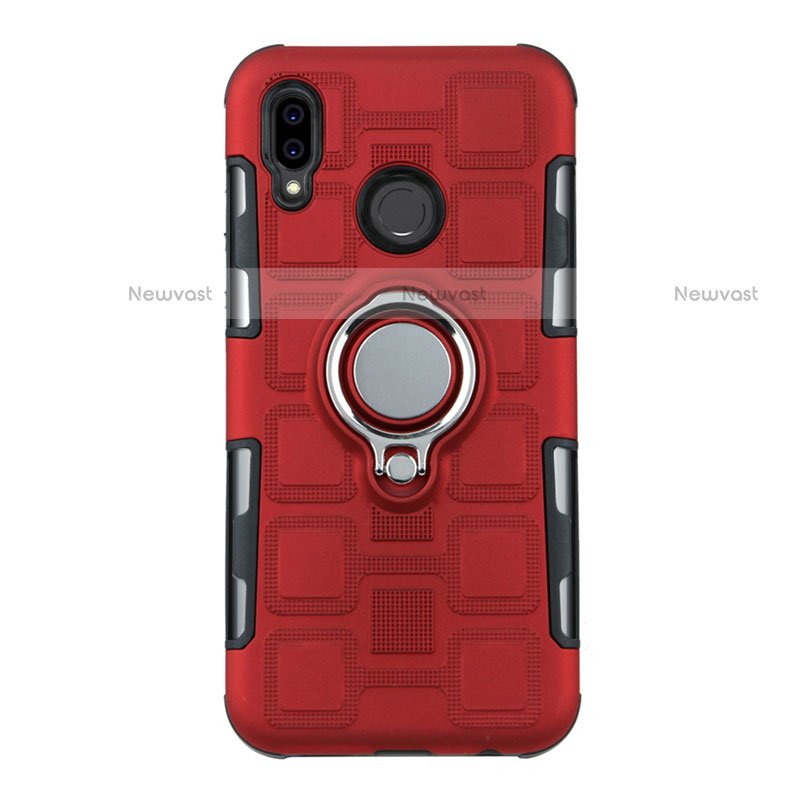 Silicone Matte Finish and Plastic Back Cover Case with Finger Ring Stand S01 for Huawei P20 Lite Red