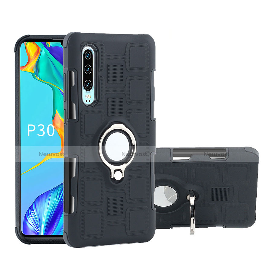 Silicone Matte Finish and Plastic Back Cover Case with Finger Ring Stand S01 for Huawei P30 Black