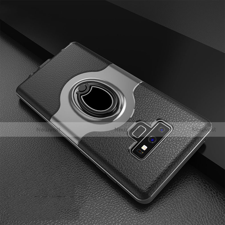 Silicone Matte Finish and Plastic Back Cover Case with Finger Ring Stand S01 for Samsung Galaxy Note 9 Gray