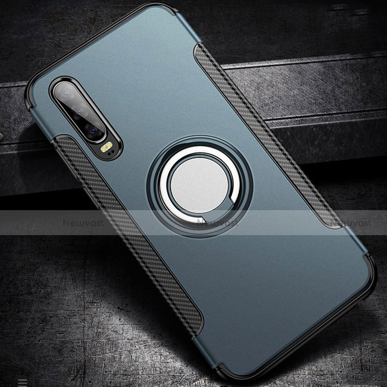 Silicone Matte Finish and Plastic Back Cover Case with Finger Ring Stand S02 for Huawei P30 Blue