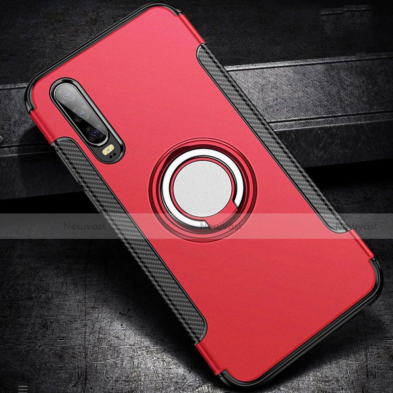 Silicone Matte Finish and Plastic Back Cover Case with Finger Ring Stand S02 for Huawei P30 Red