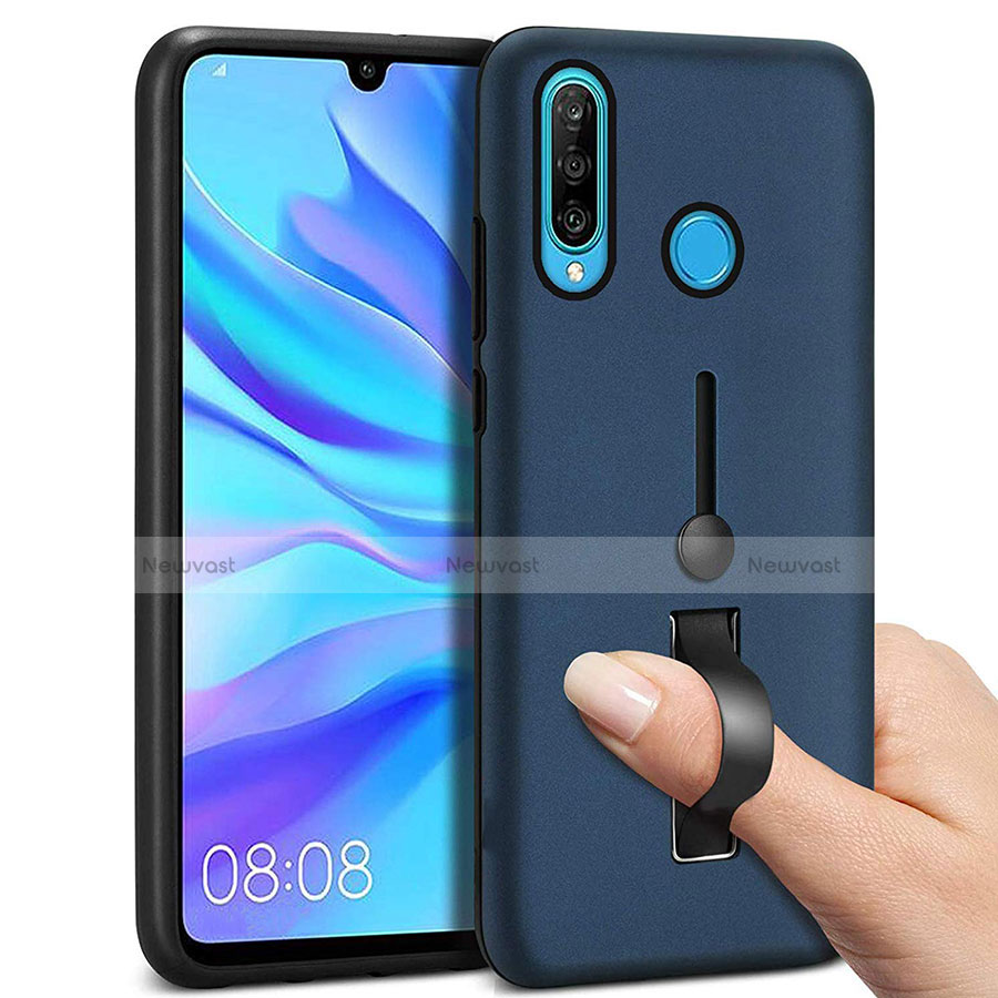 Silicone Matte Finish and Plastic Back Cover Case with Finger Ring Stand S04 for Huawei P30 Lite XL