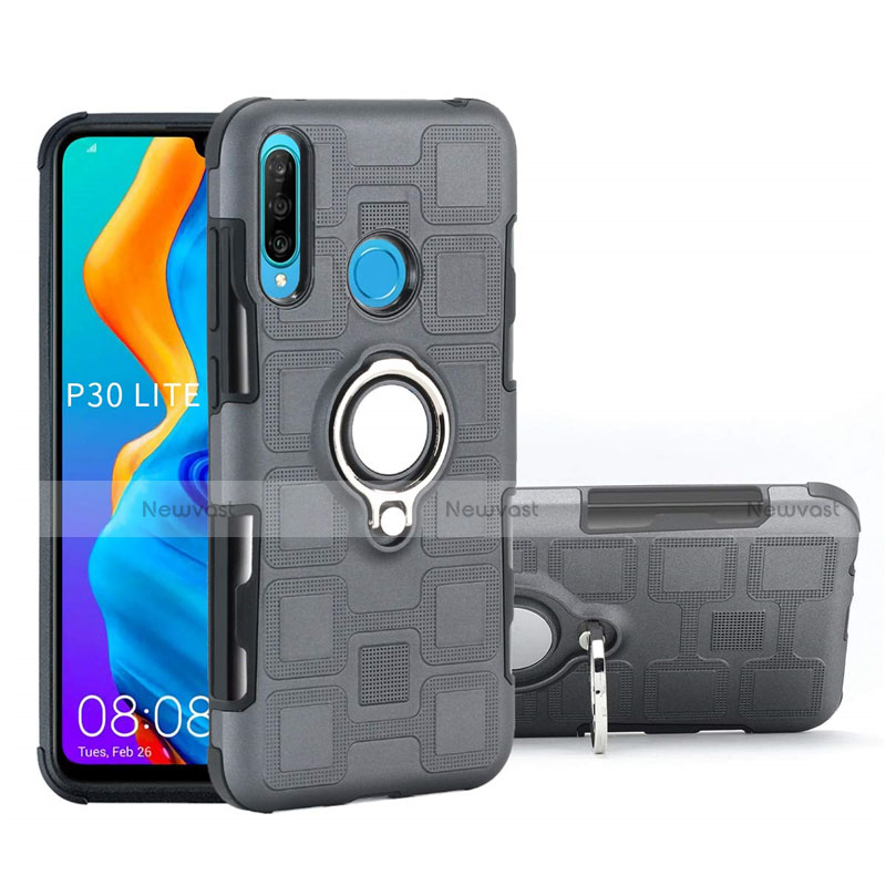 Silicone Matte Finish and Plastic Back Cover Case with Magnetic Finger Ring Stand A01 for Huawei Nova 4e