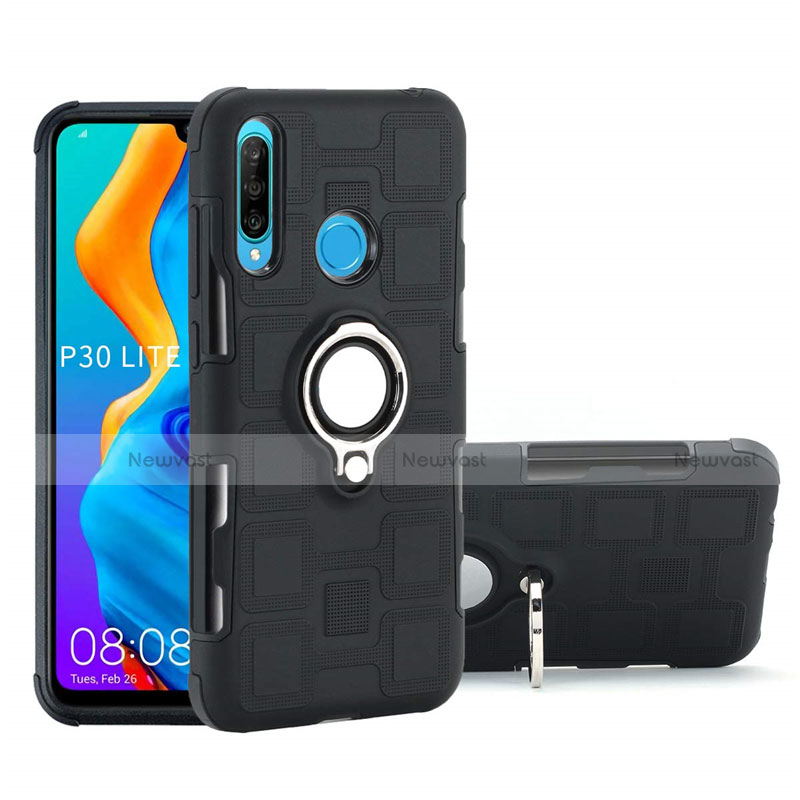 Silicone Matte Finish and Plastic Back Cover Case with Magnetic Finger Ring Stand A01 for Huawei Nova 4e Black