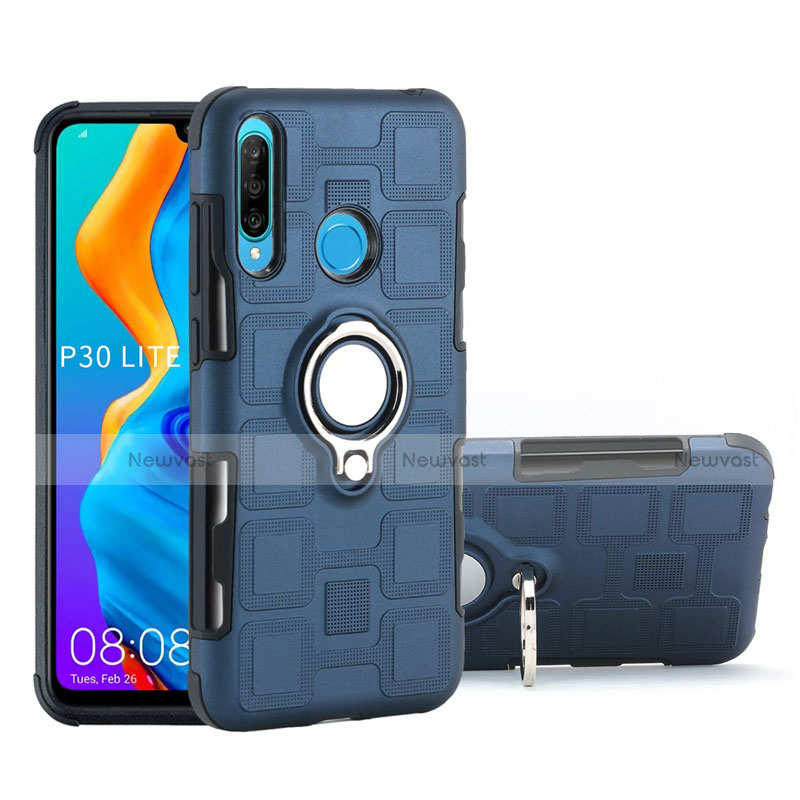 Silicone Matte Finish and Plastic Back Cover Case with Magnetic Finger Ring Stand A01 for Huawei P30 Lite New Edition