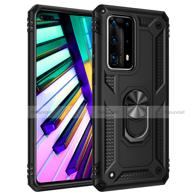 Silicone Matte Finish and Plastic Back Cover Case with Magnetic Finger Ring Stand C01 for Huawei P40 Pro+ Plus Black