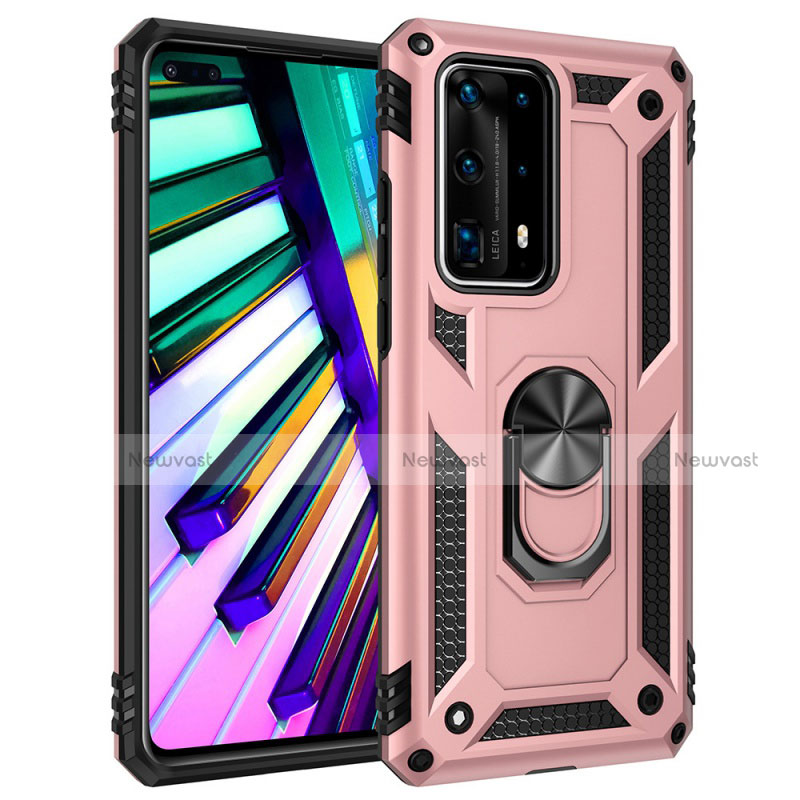 Silicone Matte Finish and Plastic Back Cover Case with Magnetic Finger Ring Stand C01 for Huawei P40 Pro+ Plus Rose Gold