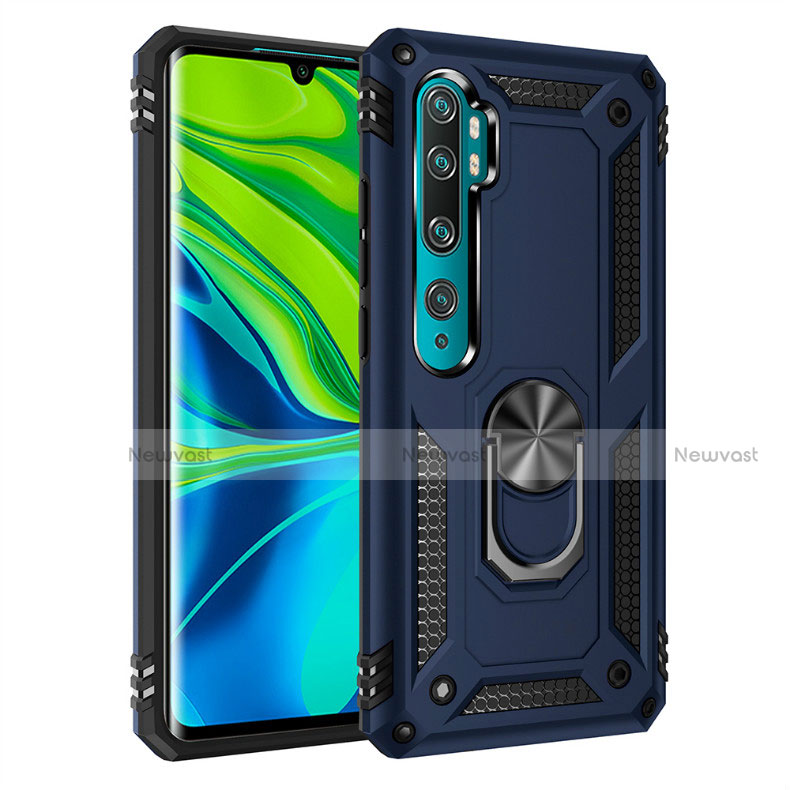 Silicone Matte Finish and Plastic Back Cover Case with Magnetic Finger Ring Stand D01 for Xiaomi Mi Note 10 Pro Blue