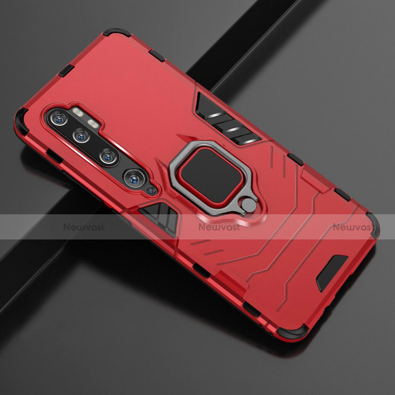 Silicone Matte Finish and Plastic Back Cover Case with Magnetic Finger Ring Stand D02 for Xiaomi Mi Note 10 Red