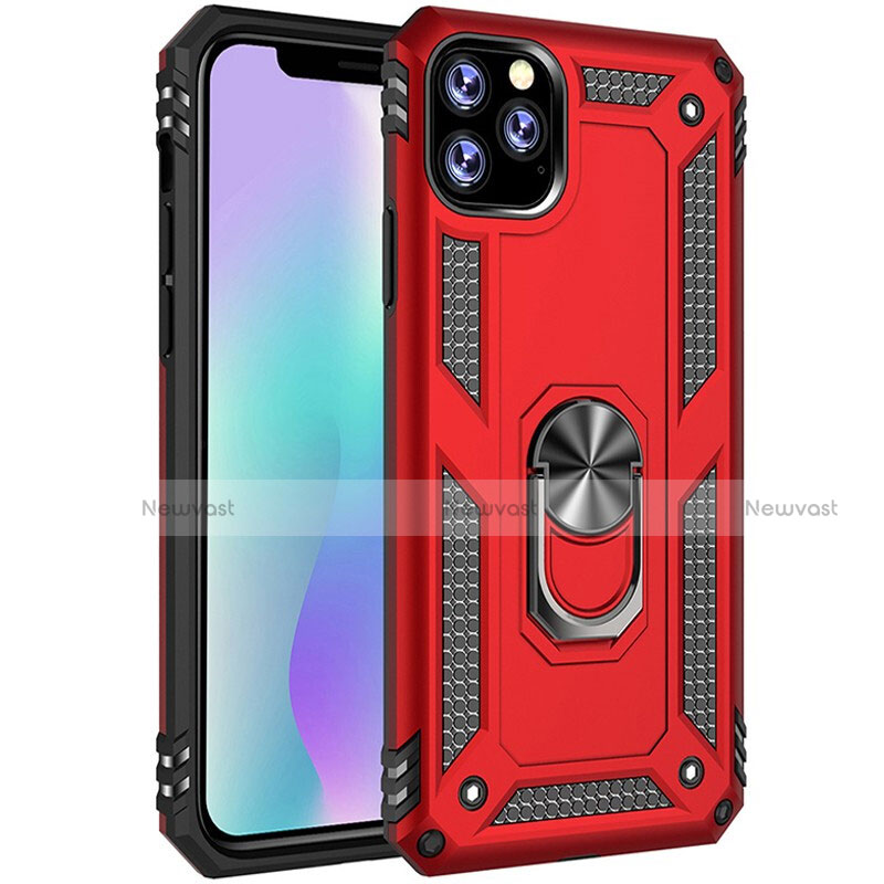 Silicone Matte Finish and Plastic Back Cover Case with Magnetic Finger Ring Stand for Apple iPhone 11 Pro Max Red