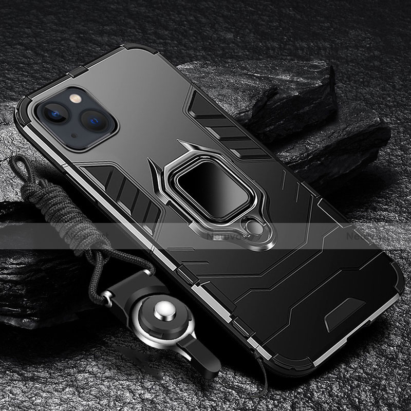 Silicone Matte Finish and Plastic Back Cover Case with Magnetic Finger Ring Stand for Apple iPhone 13 Mini Black