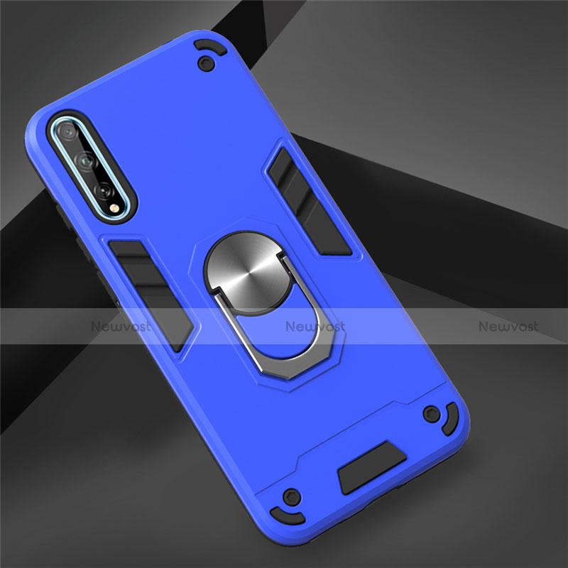 Silicone Matte Finish and Plastic Back Cover Case with Magnetic Finger Ring Stand for Huawei Enjoy 10S Blue