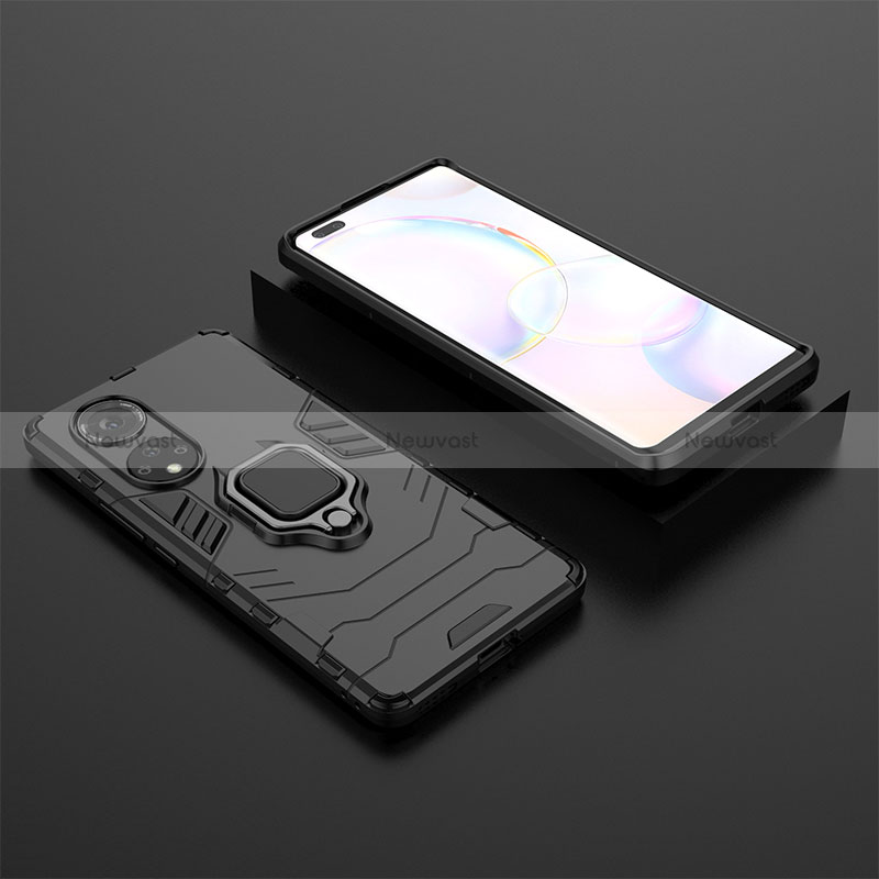 Silicone Matte Finish and Plastic Back Cover Case with Magnetic Finger Ring Stand for Huawei Honor 50 Pro 5G