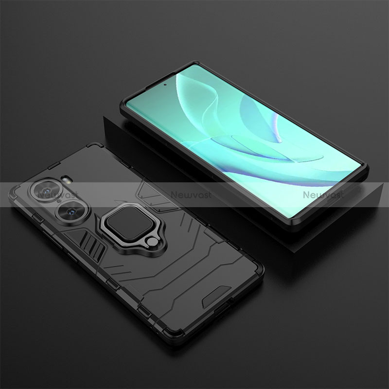 Silicone Matte Finish and Plastic Back Cover Case with Magnetic Finger Ring Stand for Huawei Honor 60 5G