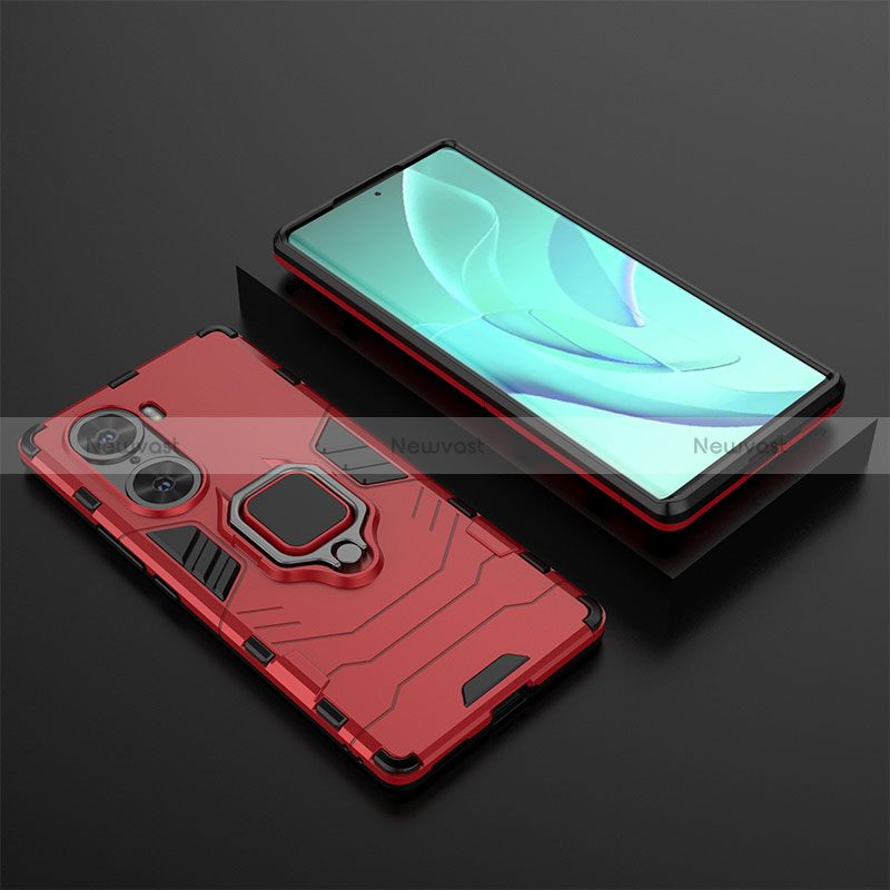 Silicone Matte Finish and Plastic Back Cover Case with Magnetic Finger Ring Stand for Huawei Honor 60 5G Red