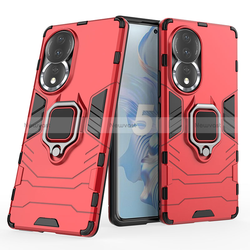 Silicone Matte Finish and Plastic Back Cover Case with Magnetic Finger Ring Stand for Huawei Honor 80 5G Red