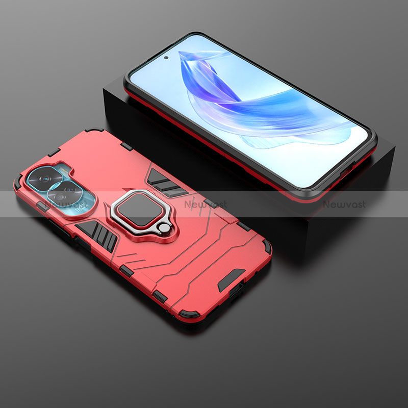 Silicone Matte Finish and Plastic Back Cover Case with Magnetic Finger Ring Stand for Huawei Honor 90 Lite 5G Red