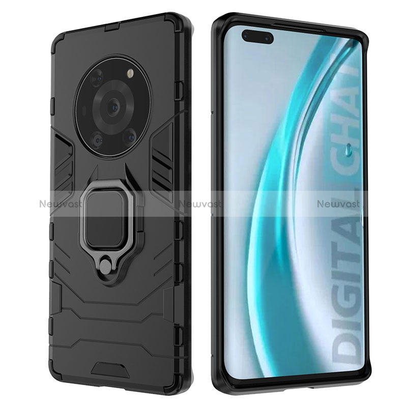 Silicone Matte Finish and Plastic Back Cover Case with Magnetic Finger Ring Stand for Huawei Honor Magic3 Pro 5G