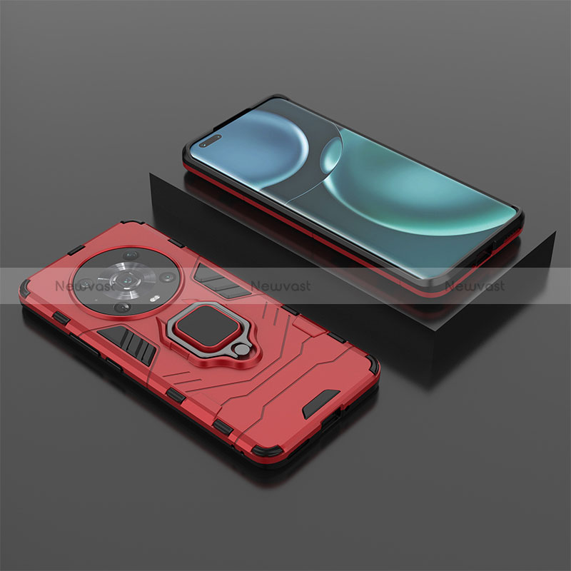 Silicone Matte Finish and Plastic Back Cover Case with Magnetic Finger Ring Stand for Huawei Honor Magic4 Pro 5G Red