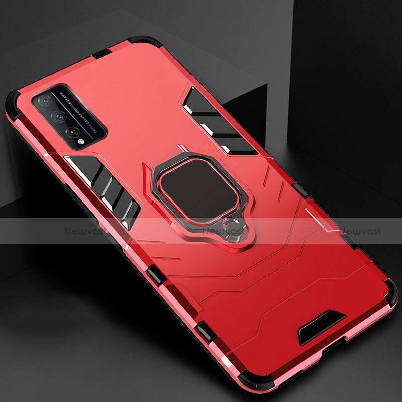 Silicone Matte Finish and Plastic Back Cover Case with Magnetic Finger Ring Stand for Huawei Honor Play4T Pro Red