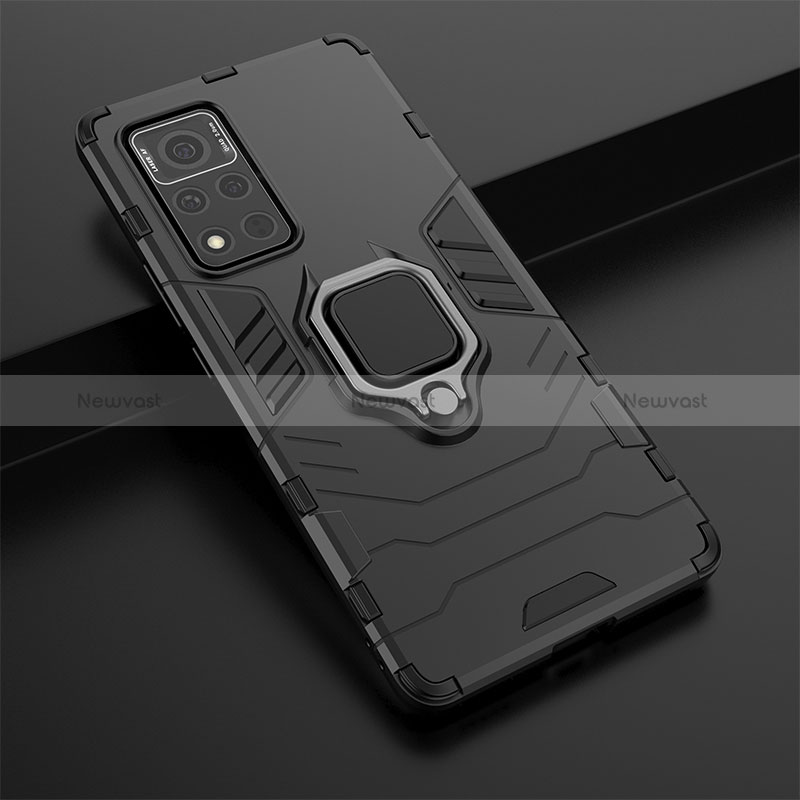 Silicone Matte Finish and Plastic Back Cover Case with Magnetic Finger Ring Stand for Huawei Honor V40 5G