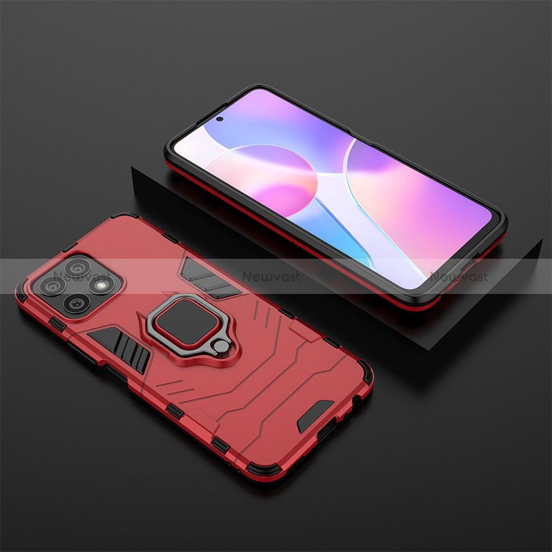 Silicone Matte Finish and Plastic Back Cover Case with Magnetic Finger Ring Stand for Huawei Honor X30i Red