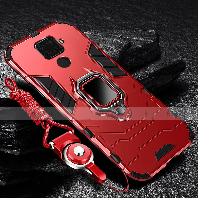 Silicone Matte Finish and Plastic Back Cover Case with Magnetic Finger Ring Stand for Huawei Mate 30 Lite Red