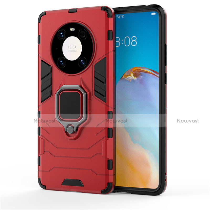 Silicone Matte Finish and Plastic Back Cover Case with Magnetic Finger Ring Stand for Huawei Mate 40E Pro 5G Red