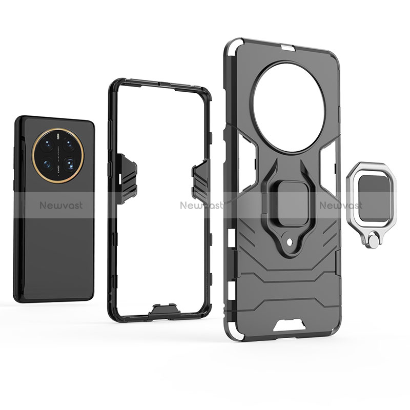 Silicone Matte Finish and Plastic Back Cover Case with Magnetic Finger Ring Stand for Huawei Mate 50 Pro