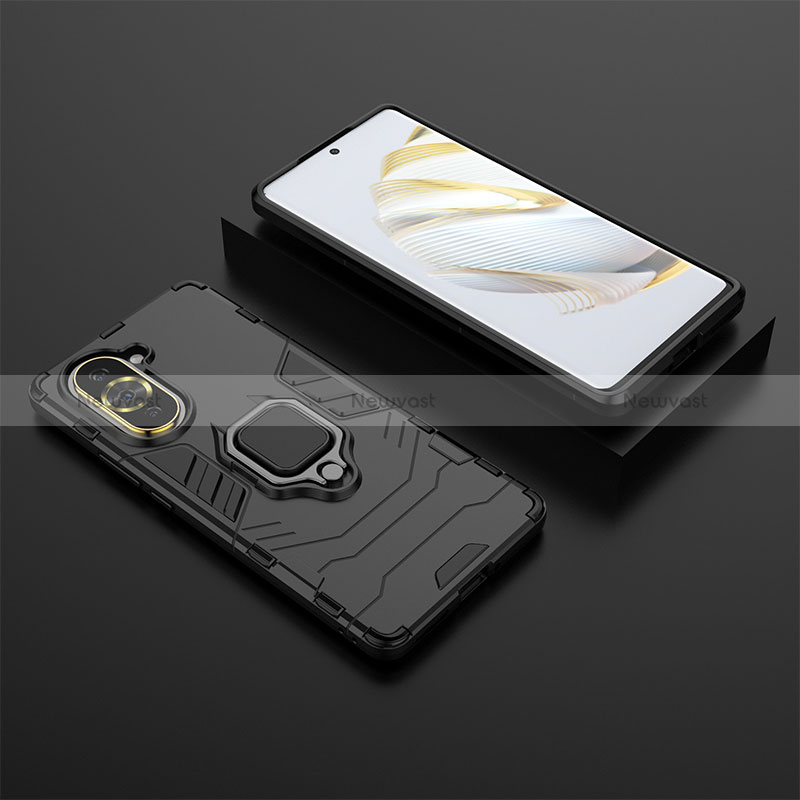 Silicone Matte Finish and Plastic Back Cover Case with Magnetic Finger Ring Stand for Huawei Nova 10 Black