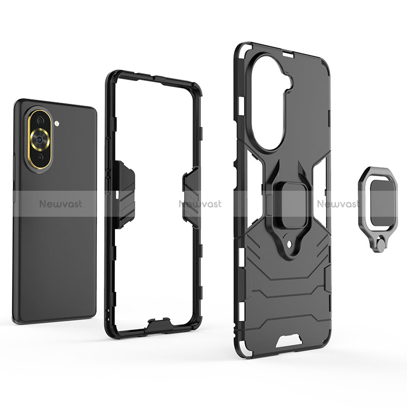 Silicone Matte Finish and Plastic Back Cover Case with Magnetic Finger Ring Stand for Huawei Nova 10 Pro