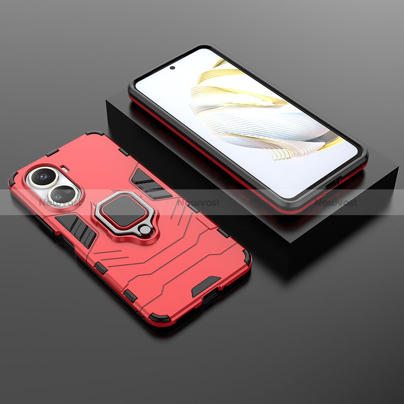 Silicone Matte Finish and Plastic Back Cover Case with Magnetic Finger Ring Stand for Huawei Nova 10 SE Red